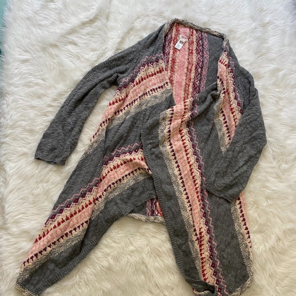 Mossimo knit Sweater wrap Grey and pink  Aztec Bohemian Print Asymmetric Hem Lg
